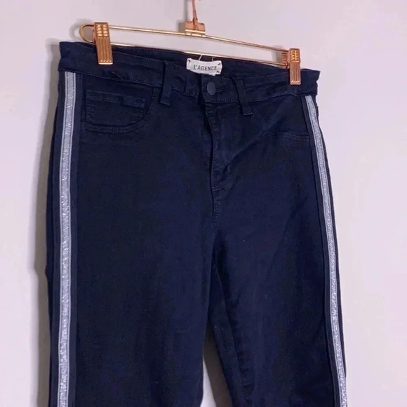 L'Agence Margot Tuxedo Stripe High Rise Skinny Jeans Black Silver Size 26 - Picture 5 of 8
